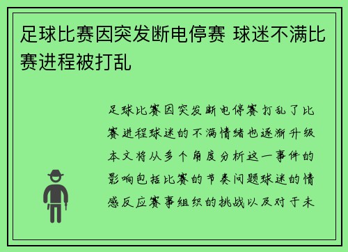 足球比赛因突发断电停赛 球迷不满比赛进程被打乱