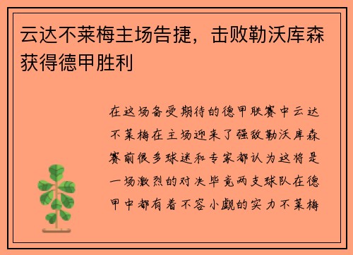 云达不莱梅主场告捷，击败勒沃库森获得德甲胜利